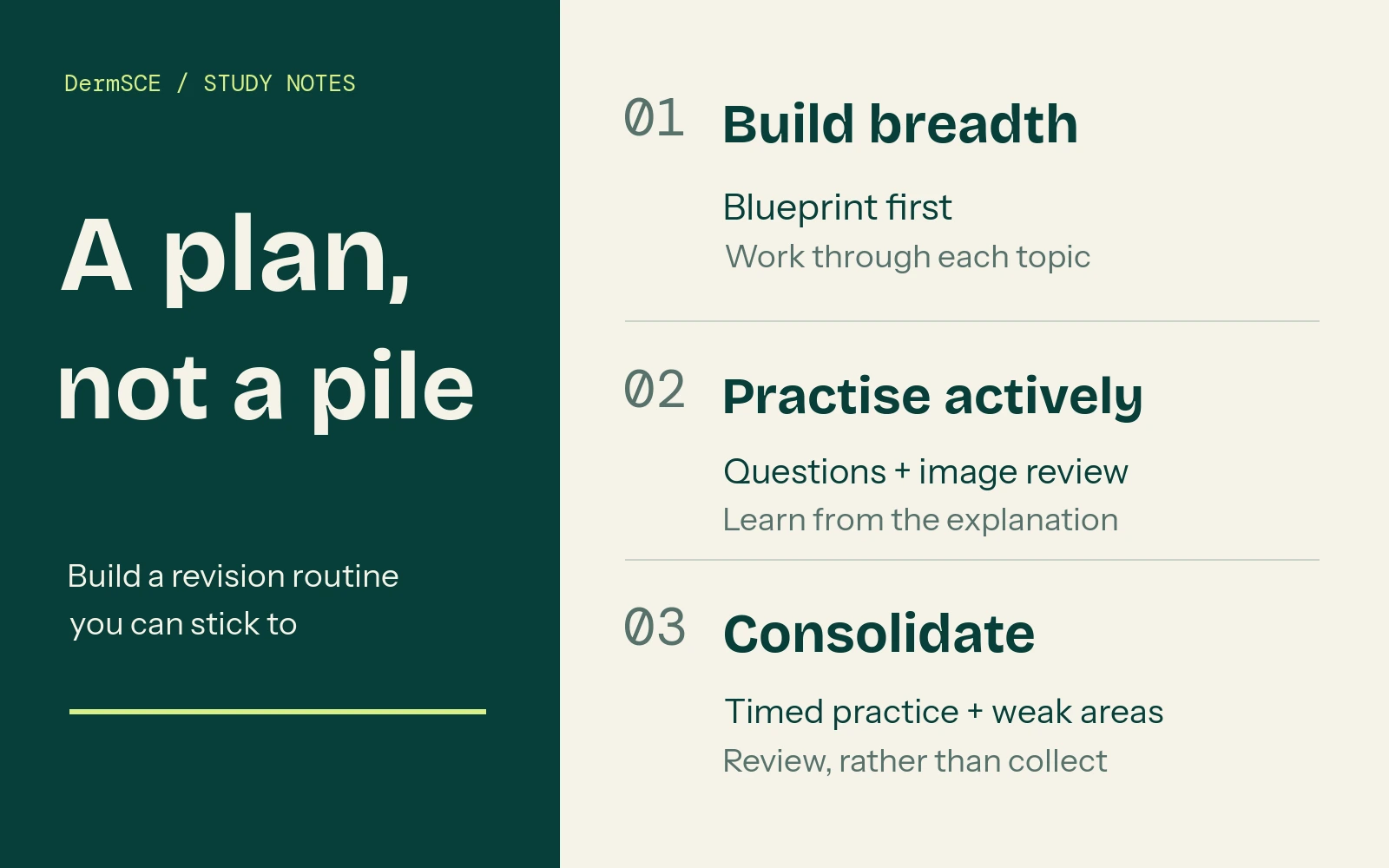 A three-stage revision plan: build breadth using the blueprint, practise with questions and image review, then consolidate with timed practice and weak-area review