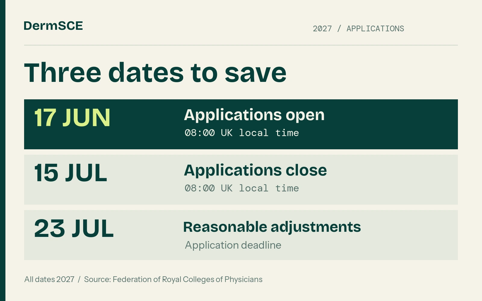 2027 deadlines: applications open 17 June at 08:00 UK local time, close 15 July at 08:00 UK local time, and reasonable-adjustment applications are due 23 July