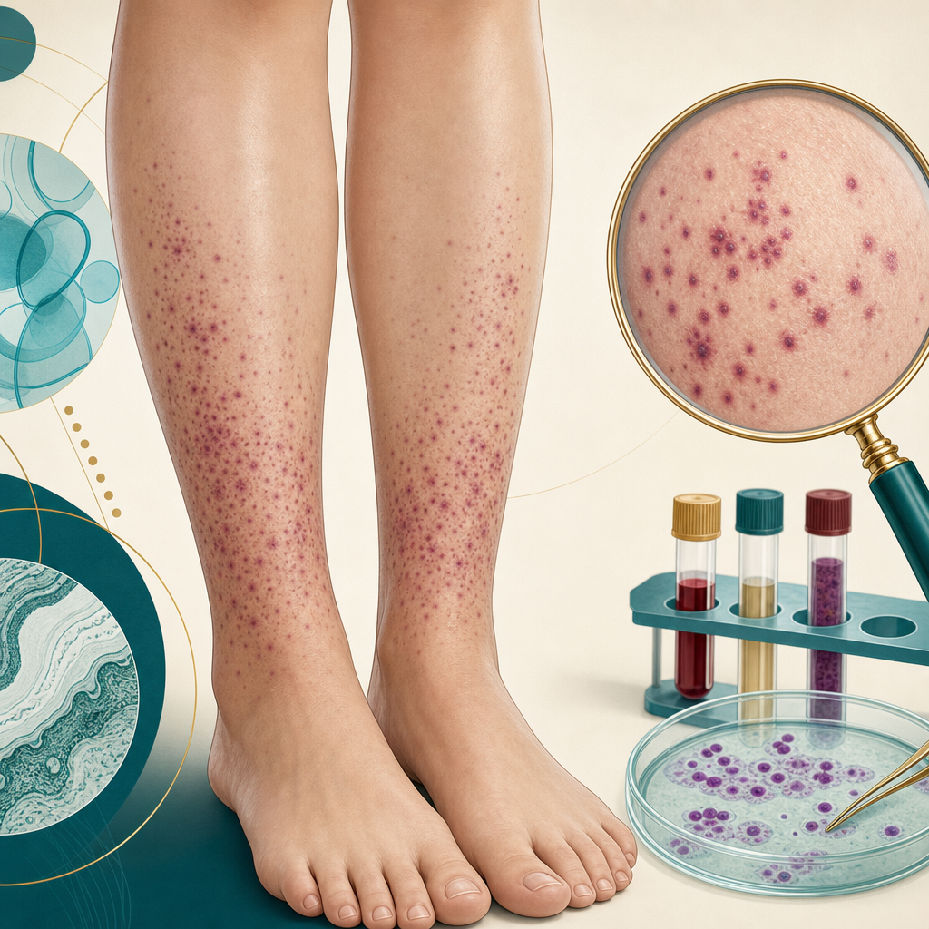 Educational illustration of symmetrical palpable purpura on the lower legs with magnification and laboratory investigation motifs