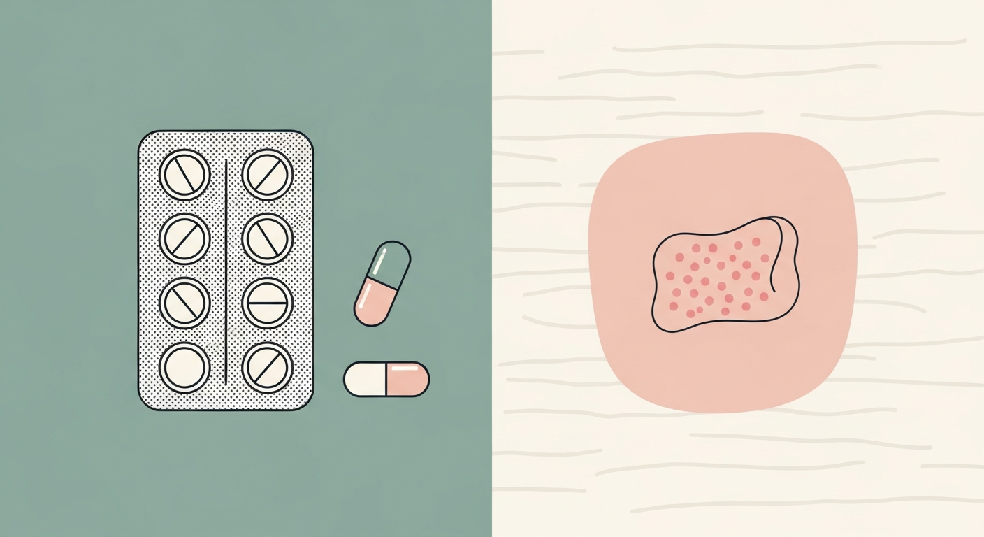 Editorial illustration of a blister pack of tablets beside a circular panel showing a stylised skin rash