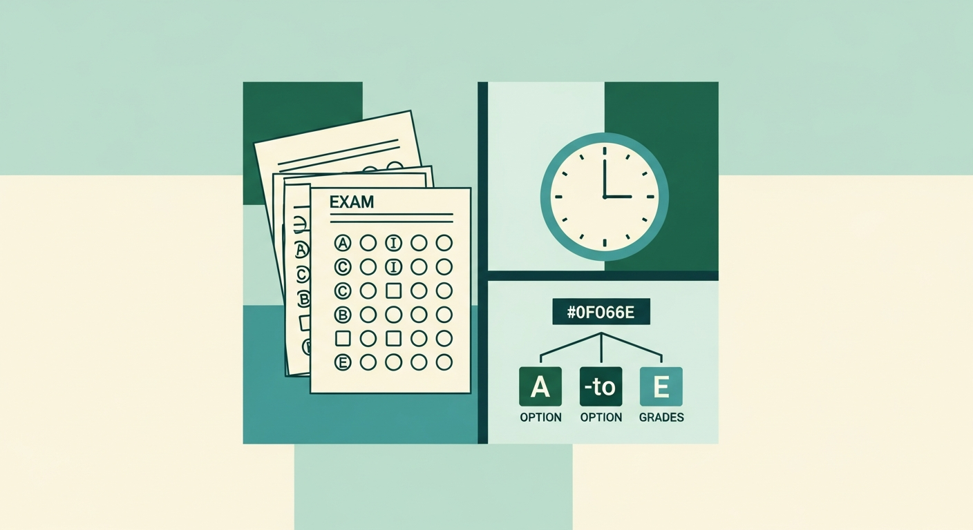 Editorial illustration of two stacked exam papers with multiple-choice bubbles and a clock