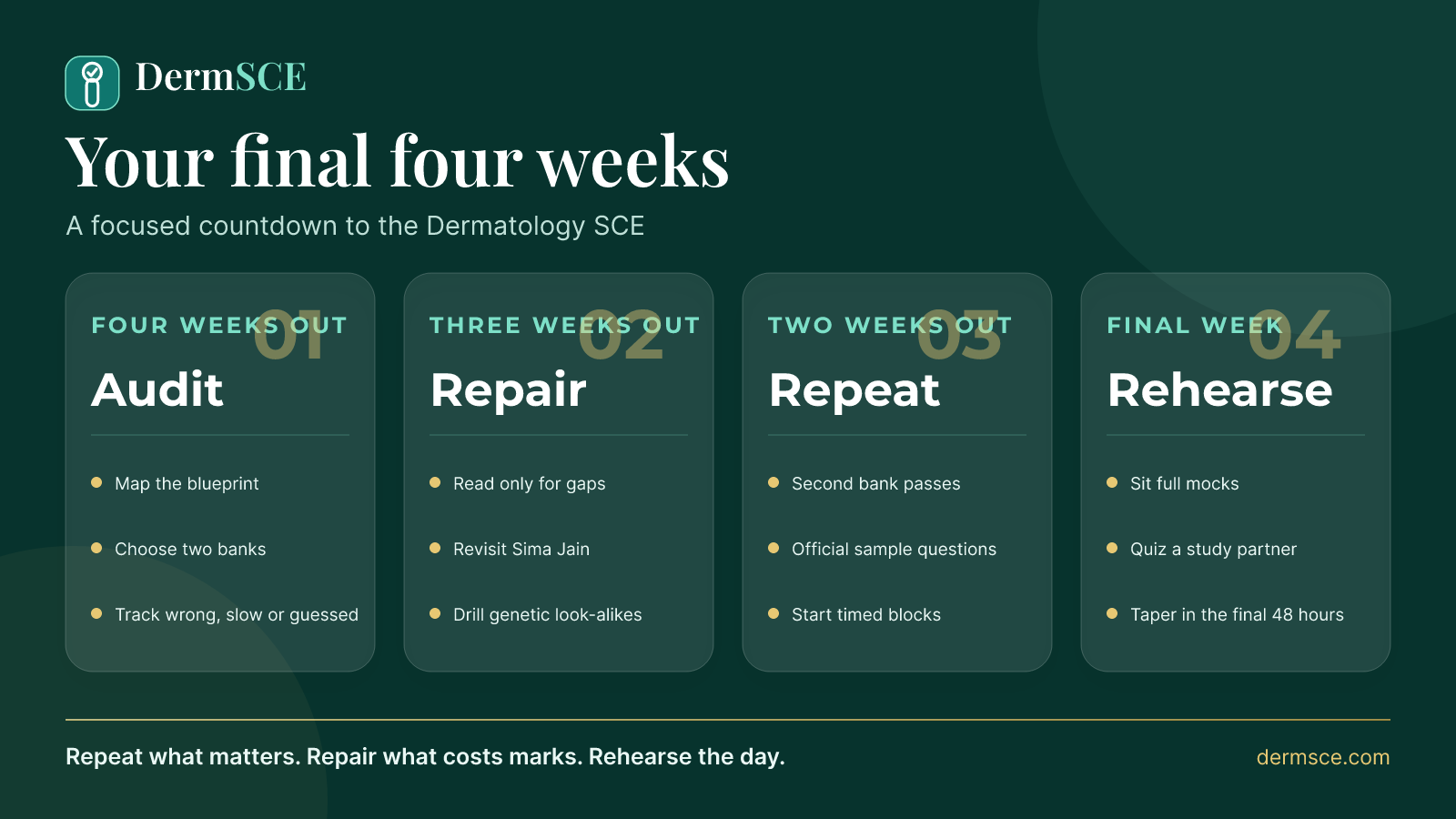 Four-week Dermatology SCE revision calendar covering audit, repair, repeat and rehearsal