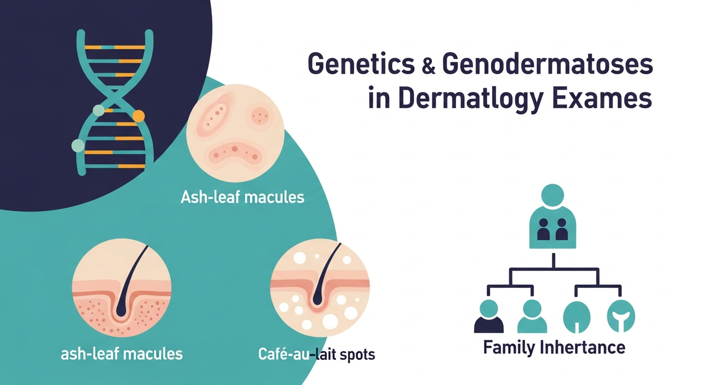 Editorial illustration of a DNA helix alongside dermatological features representing genodermatoses for the Dermatology SCE