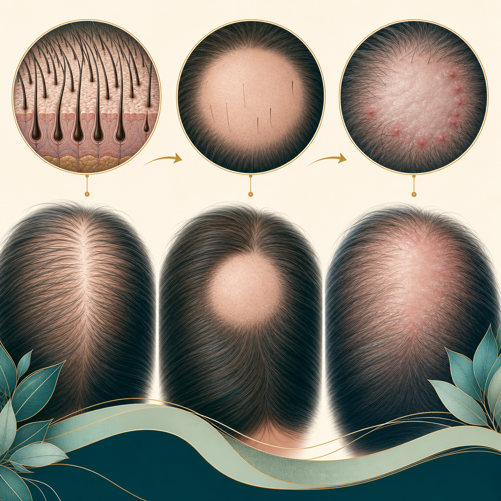 Educational illustration comparing diffuse hair shedding, a smooth patch of non-scarring alopecia and inflamed scarring alopecia