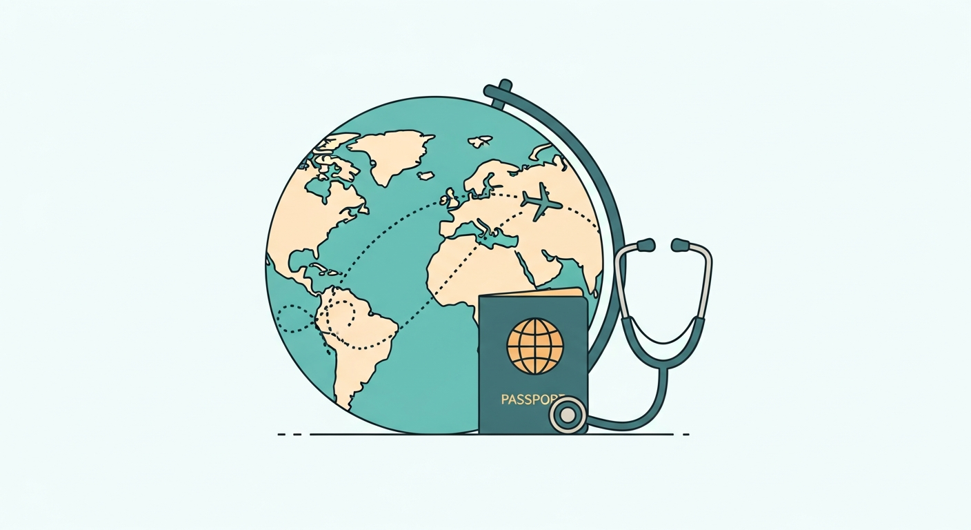 Medical professional reviewing study notes beside a world map, representing international candidates