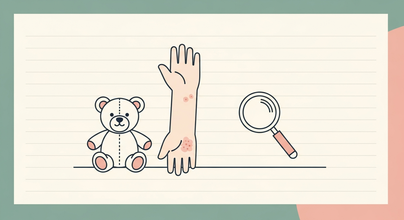Editorial illustration of a young child's arm with gentle skin patches beside a teddy bear and a magnifying glass