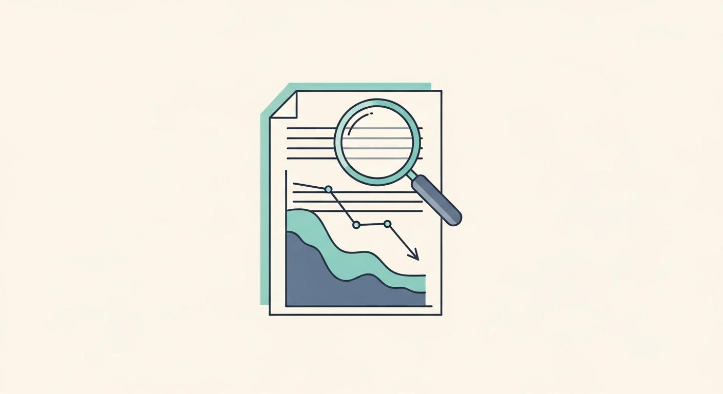 Editorial illustration of a downward-trending exam graph with a magnifying glass