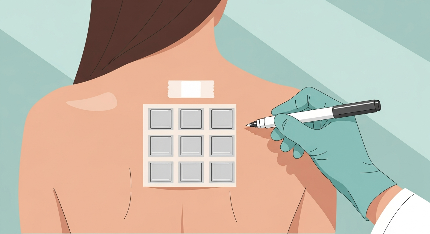 Close-up of patch test strips applied to a patient's upper back in a dermatology clinic
