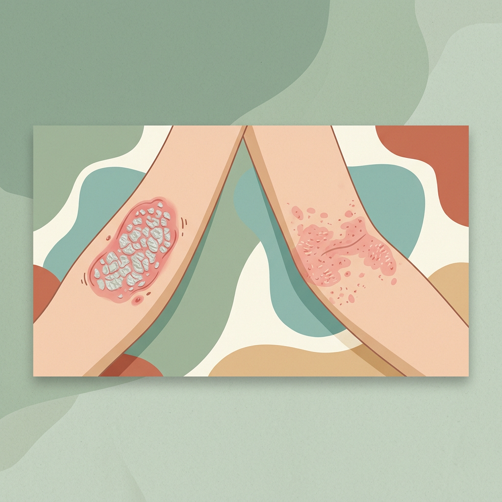Flat illustration comparing a scaly psoriasis plaque with inflamed eczema skin