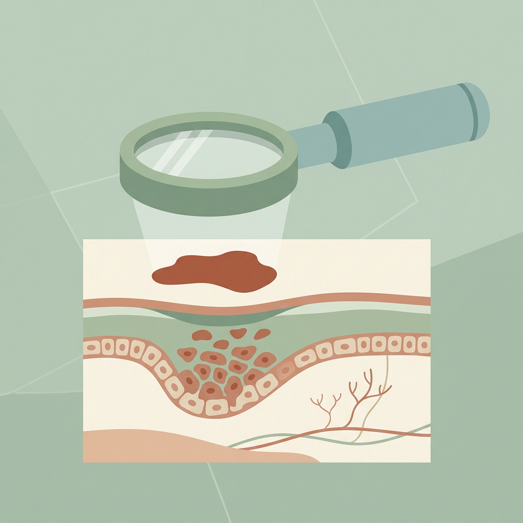 Flat illustration of a dermatoscope examining a stylised mole in a skin cross-section