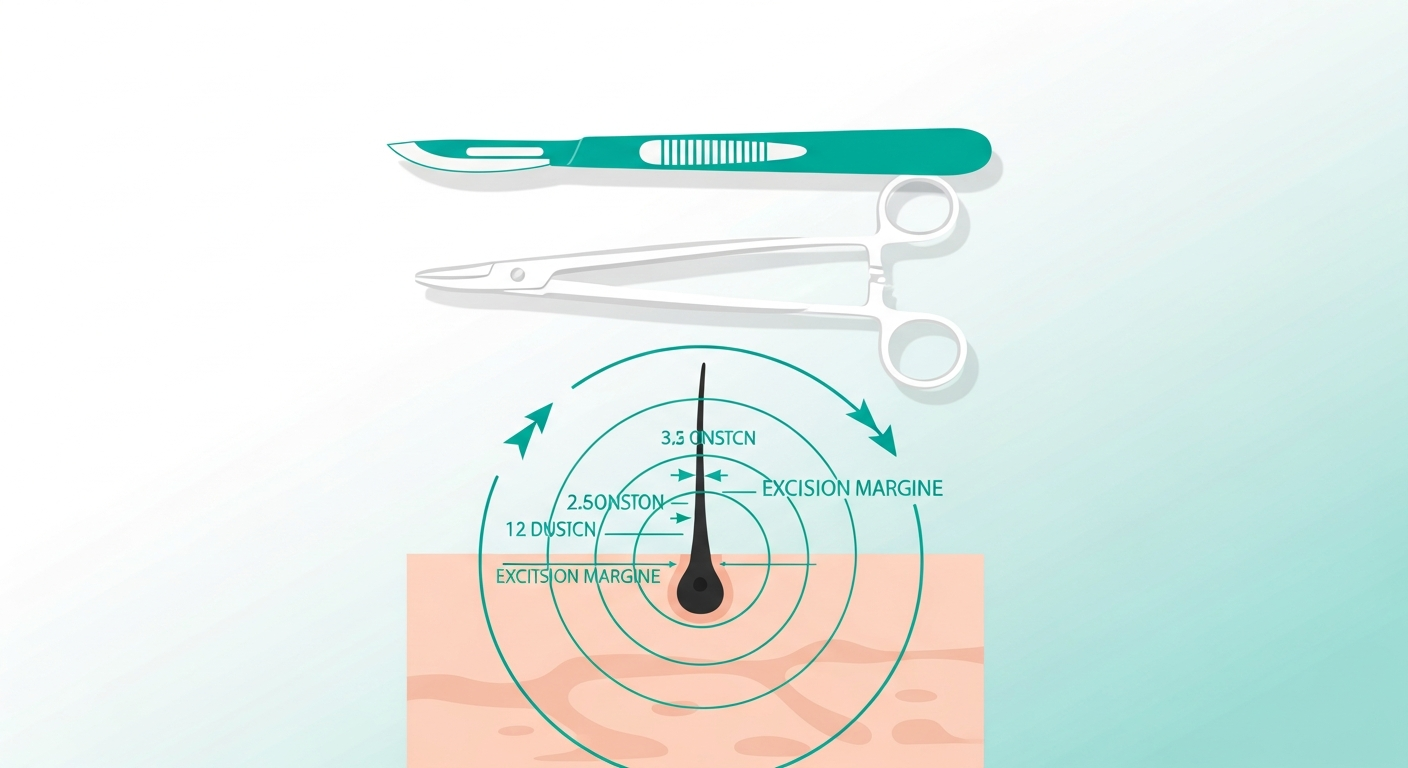 Editorial illustration of surgical instruments and a skin excision diagram representing the Dermatology SCE skin surgery topic