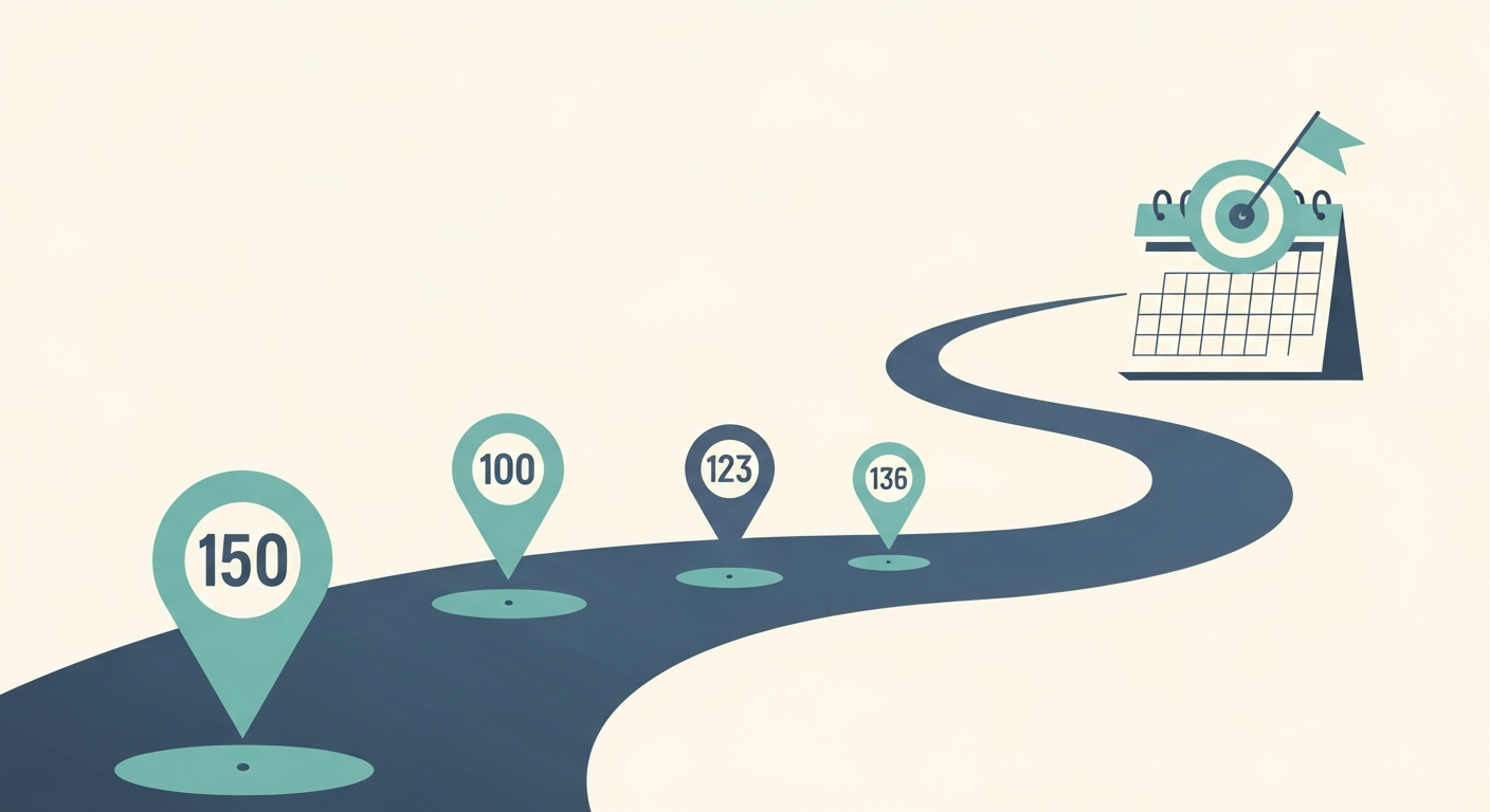 Editorial illustration of a study timeline leading to an exam target