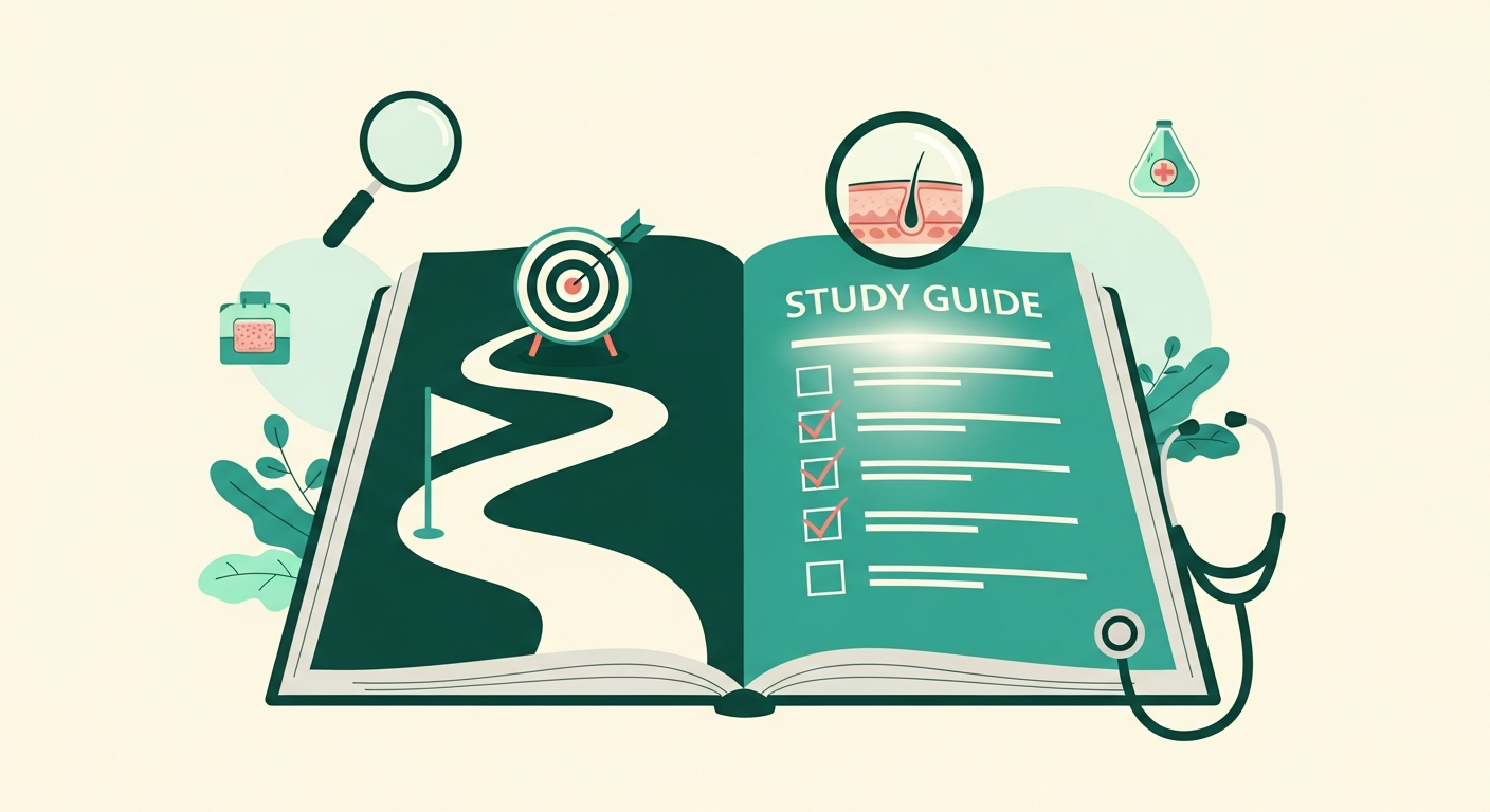 Editorial illustration of an open study guide, a checklist and a roadmap leading to an exam target